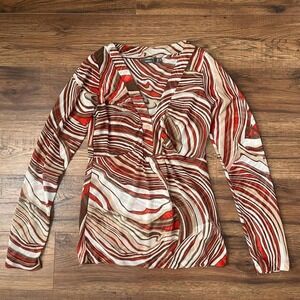 Mexx Y2K Red Brown Abstract Blouse Mesh Retro Women Small 2000s Going Out Top